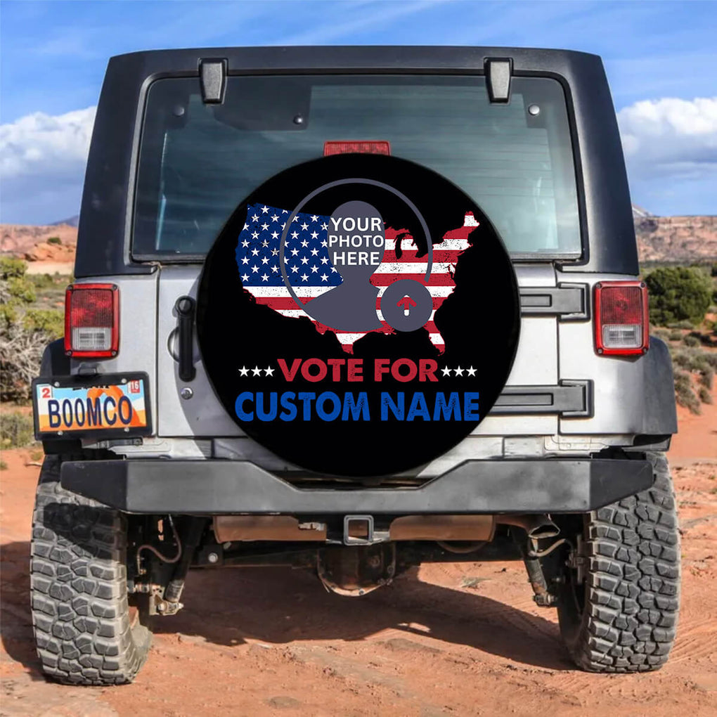 Personalized 2024 Election Spare Tire Cover Custom Photo Vote For President Name America CTM02 Black Custom - Printyourwear