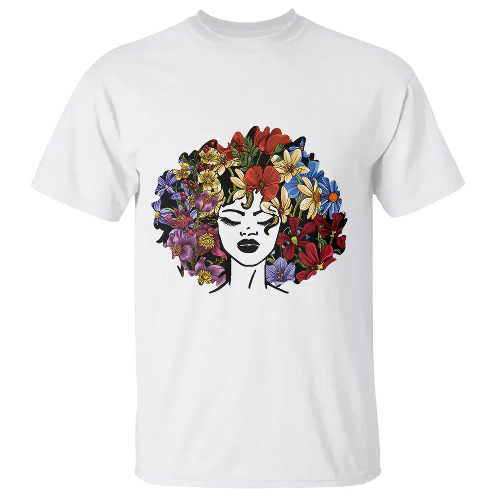 Black History Themed T Shirt For Women Afro Flower Hair Juneteenth TS01 White Printyourwear