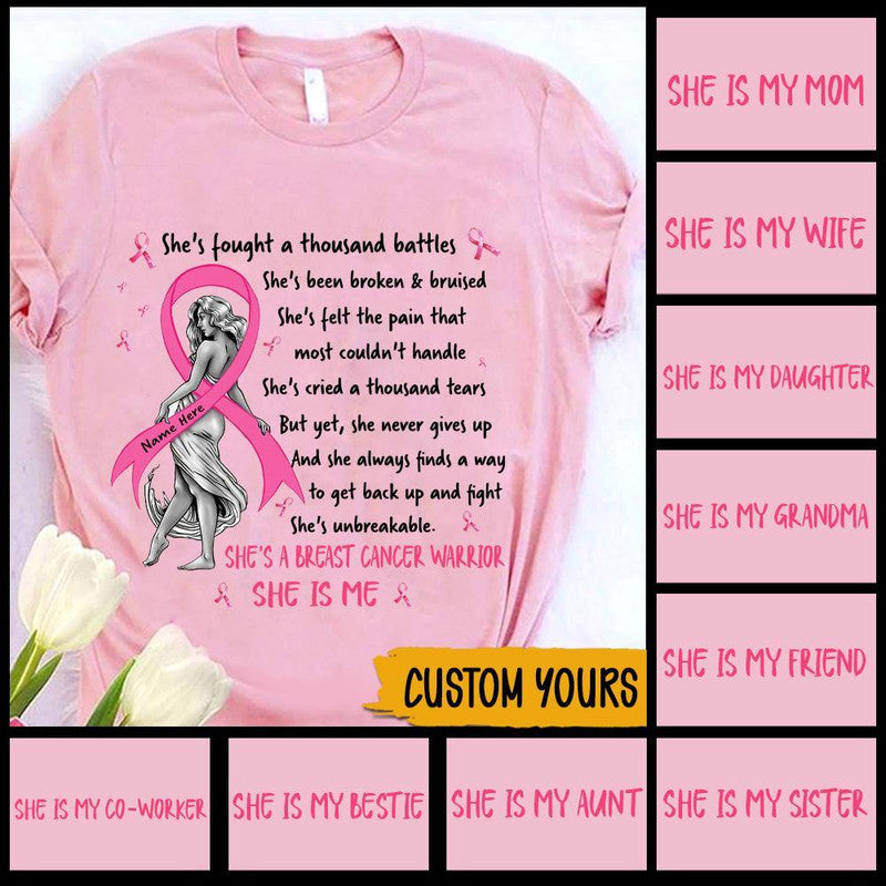 Personalized Breast Cancer Awareness Month T Shirts Shes A Breast Cancer Warrior CTM Sweater Adult Custom - Printyourwear