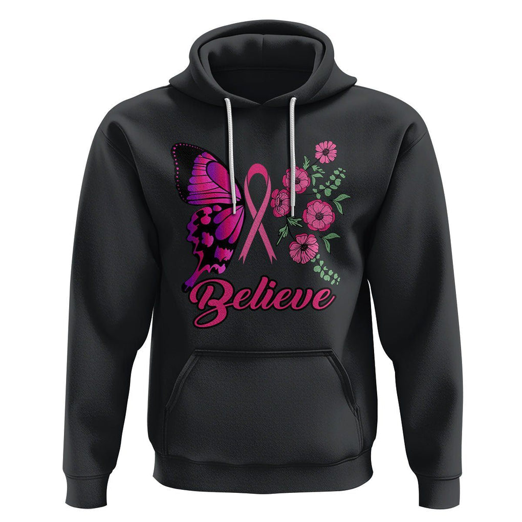 Breast Cancer Awareness Hoodie Believe Butterfly Flower Pink Ribbon Support Squad TS02 Black Printyourwear