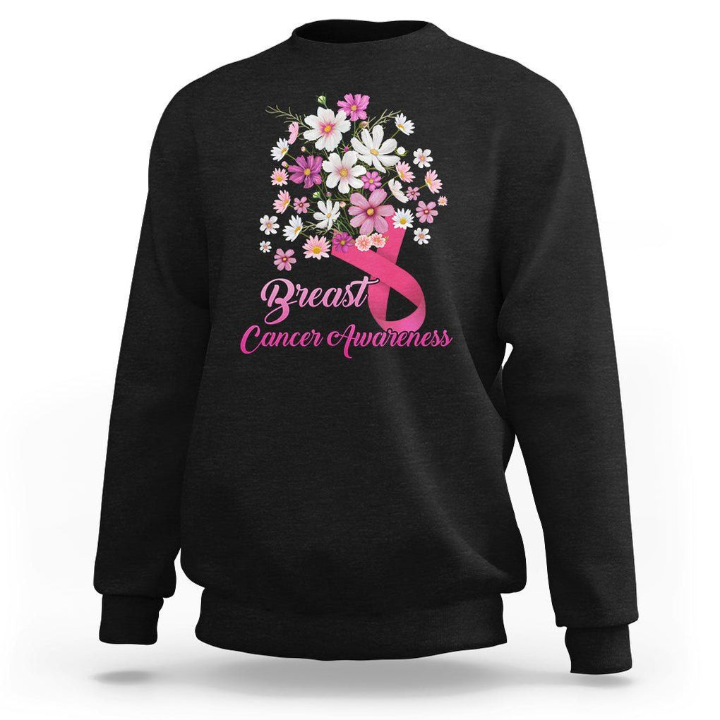 Breast Cancer Awareness Sweatshirt Pink Ribbon Flower Bouquet Supoprt Women Breast Cancer Warrior TS02 Black Printyourwear