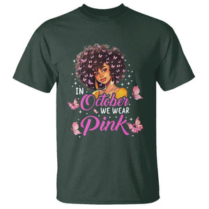 Breast Cancer Awareness T Shirt In October We Wear Pink Ribbon Black Afro Women TS02 Dark Forest Green Printyourwear