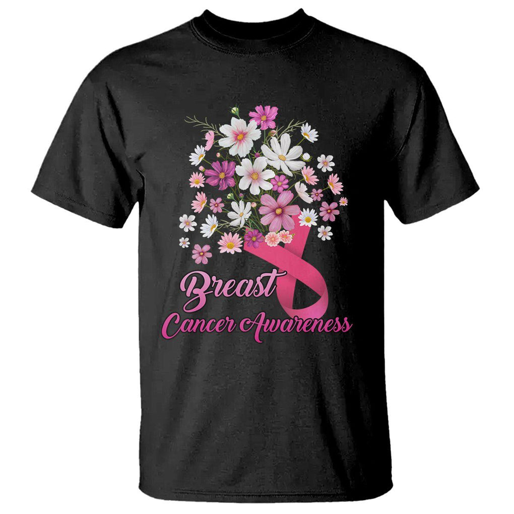 Breast Cancer Awareness T Shirt Pink Ribbon Flower Bouquet Supoprt Women Breast Cancer Warrior TS02 Black Printyourwear