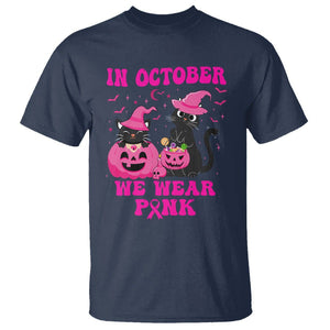 Breast Cancer Cat T Shirt In October We Wear Pink Black Cat Halloween Breast Cancer Awareness TS02 Navy Printyourwear