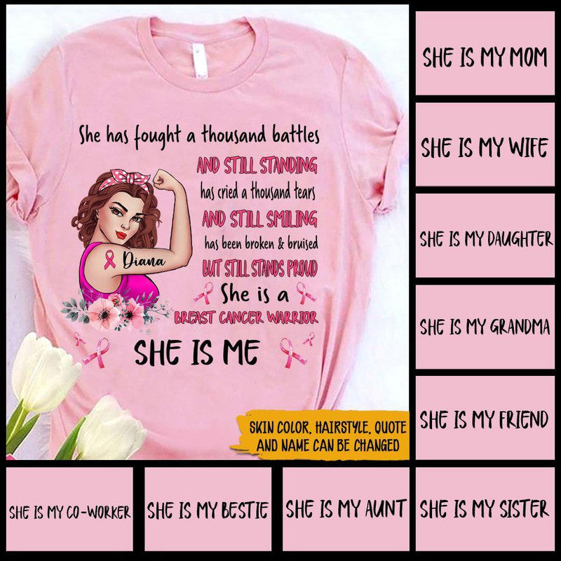 Personalized Breast Cancer T Shirts Awareness Month She Has Fought A Thousand Battles Pink Ribbon CTM Sweater Adult Custom - Printyourwear