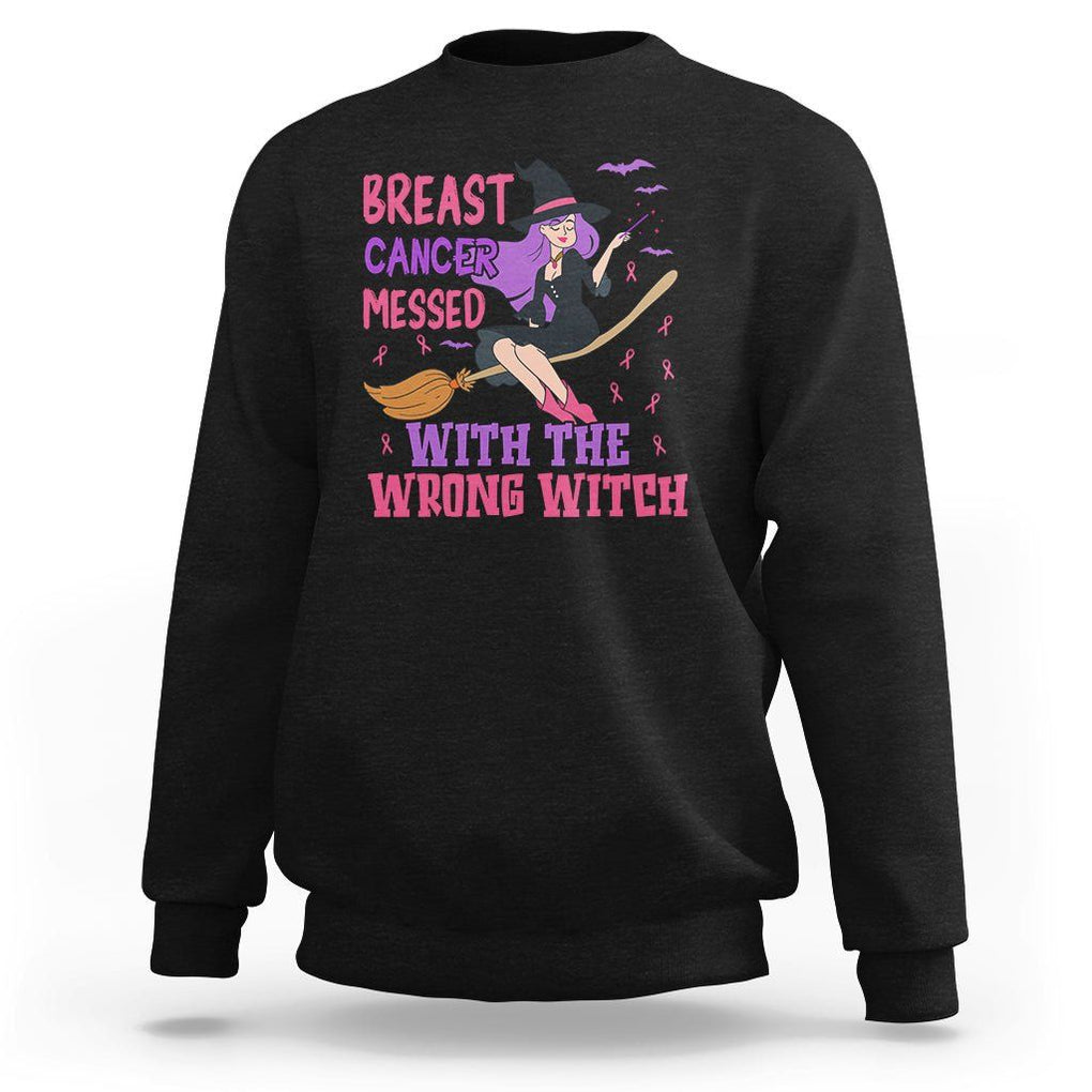 Breast Cancer Witch Sweatshirt Breast Cancer Messed With Wrong Witch Riding Stick Pink Ribbon Halloween Witch TS02 Black Printyourwear