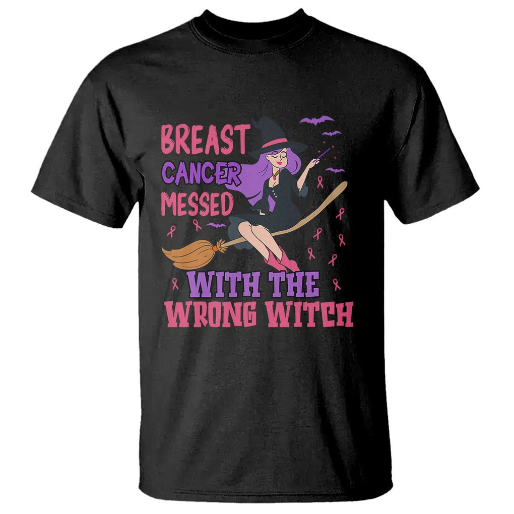 Breast Cancer Witch T Shirt Breast Cancer Messed With Wrong Witch Riding Stick Pink Ribbon Halloween Witch TS02 Black Printyourwear