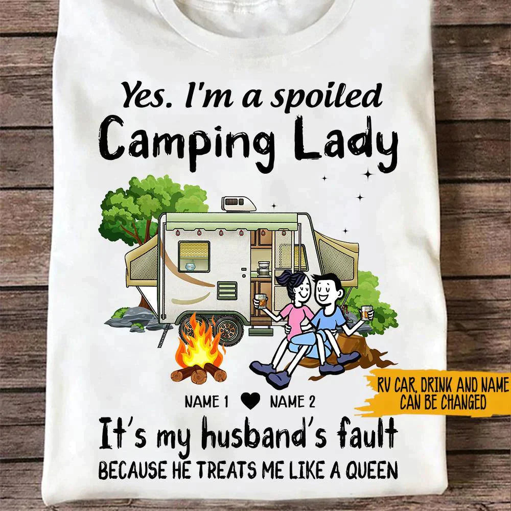 Personalized Family Gift Camping T Shirt Couple Im A Spoiled Camping Lady My Husbands Fault CTM Youth Custom - Printyourwear