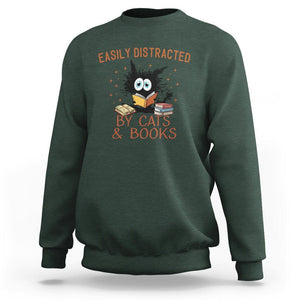 Cat & Book Lover Sweatshirt Easily Distracted By Cats And Books Funny Black Cat Meme TS02 Dark Forest Green Printyourwear