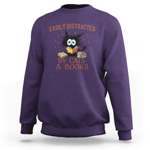 Cat & Book Lover Sweatshirt Easily Distracted By Cats And Books Funny Black Cat Meme TS02 Purple Printyourwear