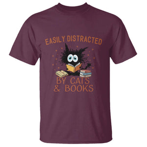 Cat & Book Lover T Shirt Easily Distracted By Cats And Books Funny Black Cat Meme TS02 Maroon Printyourwear