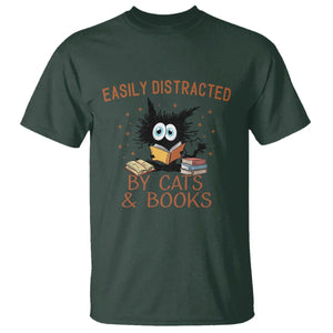 Cat & Book Lover T Shirt Easily Distracted By Cats And Books Funny Black Cat Meme TS02 Dark Forest Green Printyourwear