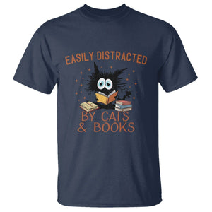 Cat & Book Lover T Shirt Easily Distracted By Cats And Books Funny Black Cat Meme TS02 Navy Printyourwear