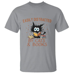 Cat & Book Lover T Shirt Easily Distracted By Cats And Books Funny Black Cat Meme TS02 Sport Gray Printyourwear