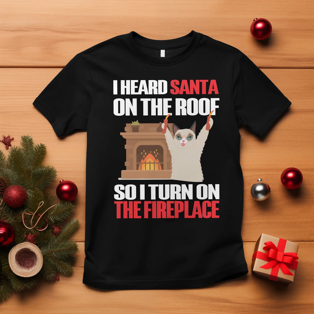 Cat Hates Santa Turned On The Fireplace Funny Christmas T Shirt TS09 Black Printyourwear