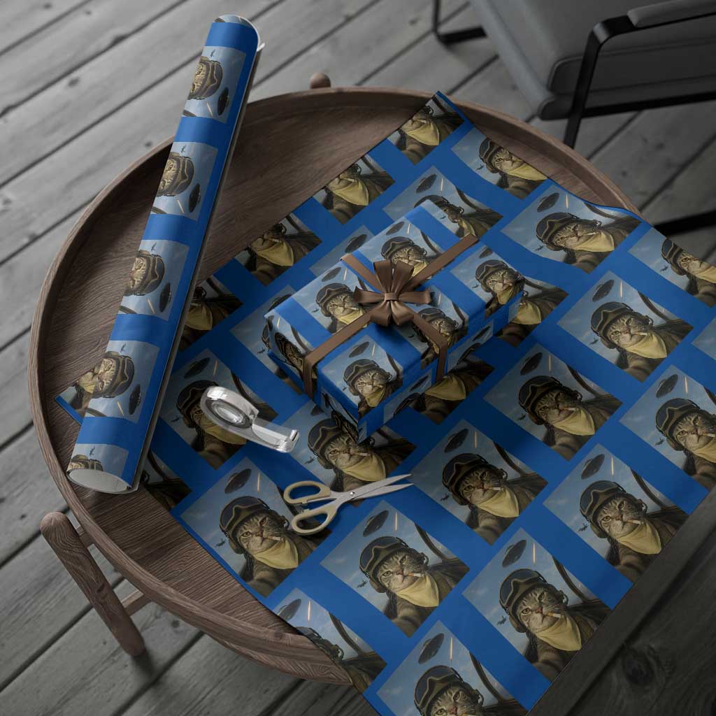Cat Selfie With Alien UFO Wrapping Paper Roll Retro Space Sci-Fi Cat Pilot TS10 Blue Print Your Wear