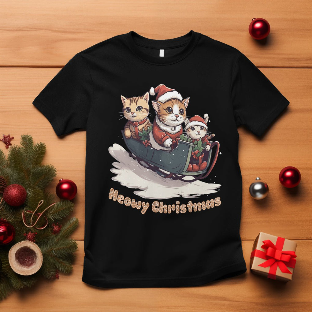 Cat Sleigh Meowy Christmas Holiday Santa Hat T Shirt TS09 Black Printyourwear