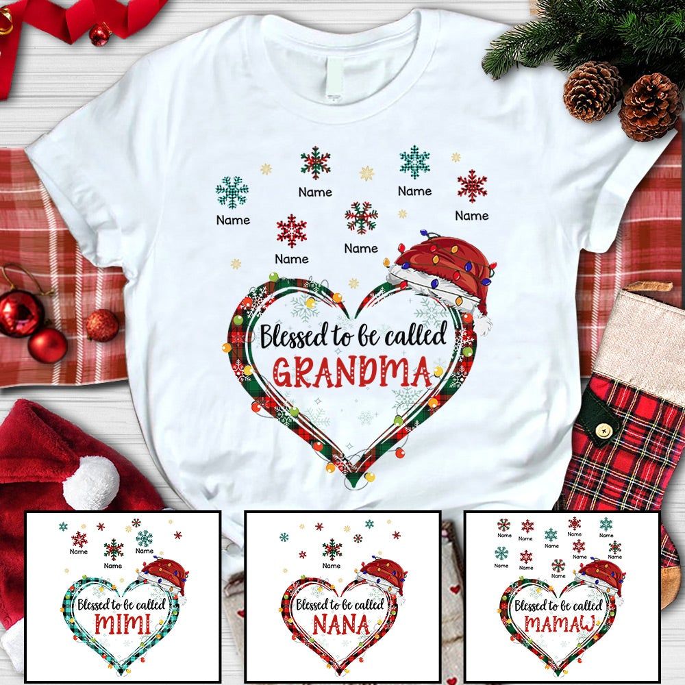 Personalized Grandkids Name Blessed To Be Called Grandma Christmas T Shirt Heart Flying Snowflakes CTM Youth Custom - Printyourwear