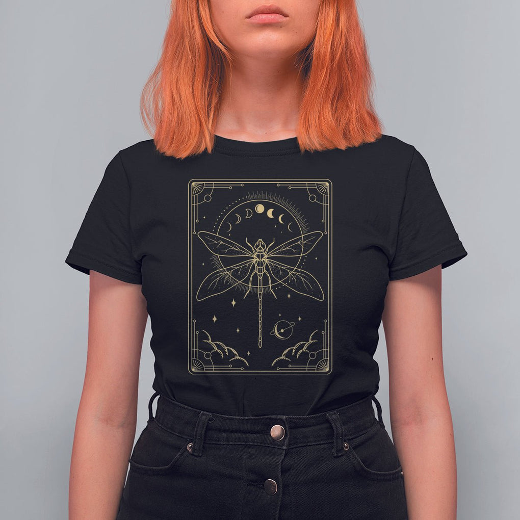 Celestial Dark Academia Dragonfly Tarot Card Moon Phases T Shirt For Women TS02 Black Printyourwear