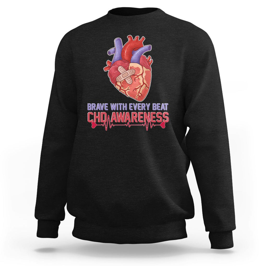 CHD Awareness Sweatshirt Brave With Every Beat Heart Disease Red And Blue Ribbon TS02 Black Printyourwear