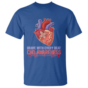 CHD Awareness T Shirt Brave With Every Beat Heart Disease Red And Blue Ribbon TS02 Royal Blue Printyourwear