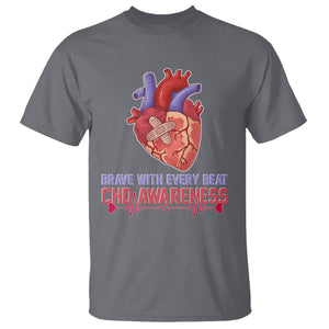 CHD Awareness T Shirt Brave With Every Beat Heart Disease Red And Blue Ribbon TS02 Charcoal Printyourwear