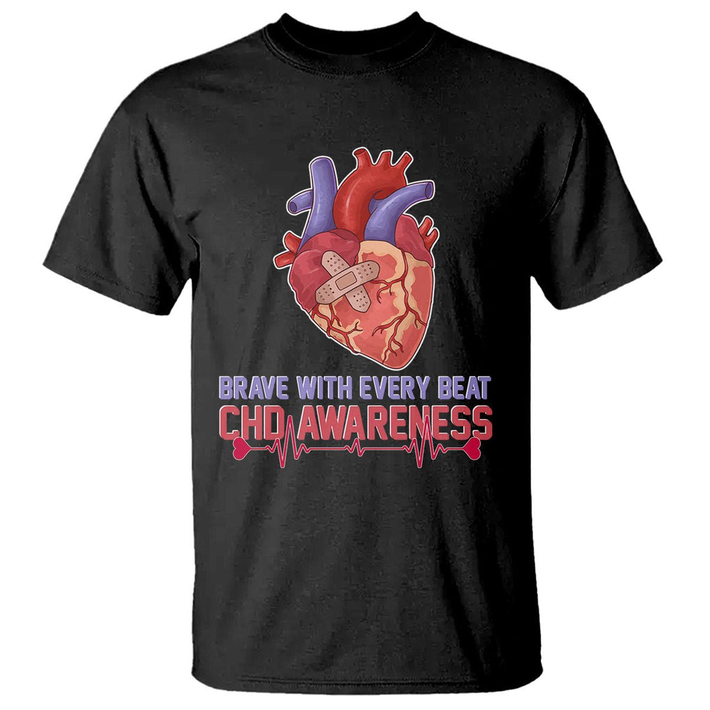 CHD Awareness T Shirt Brave With Every Beat Heart Disease Red And Blue Ribbon TS02 Black Printyourwear