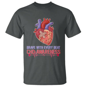 CHD Awareness T Shirt Brave With Every Beat Heart Disease Red And Blue Ribbon TS02 Dark Heather Printyourwear