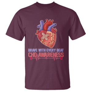 CHD Awareness T Shirt Brave With Every Beat Heart Disease Red And Blue Ribbon TS02 Maroon Printyourwear