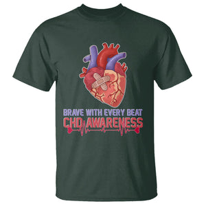 CHD Awareness T Shirt Brave With Every Beat Heart Disease Red And Blue Ribbon TS02 Dark Forest Green Printyourwear