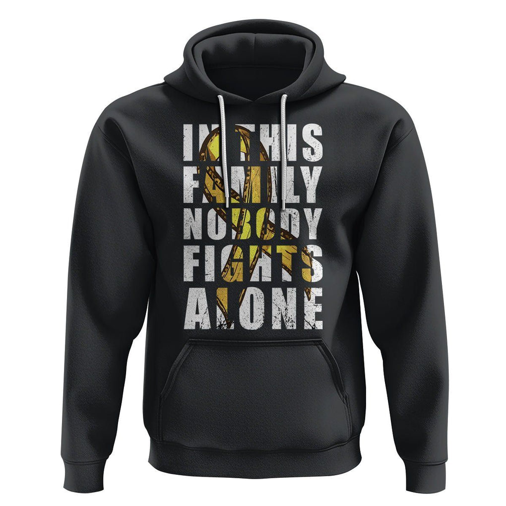 Childhood Cancer Awareness Hoodie In This Family Nobody Fights Alone Gold Ribbon Support Squad TS02 Black Printyourwear