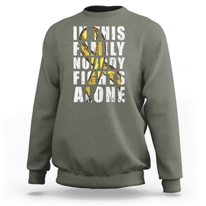 Childhood Cancer Awareness Sweatshirt In This Family Nobody Fights Alone Gold Ribbon Support Squad TS02 Military Green Printyourwear