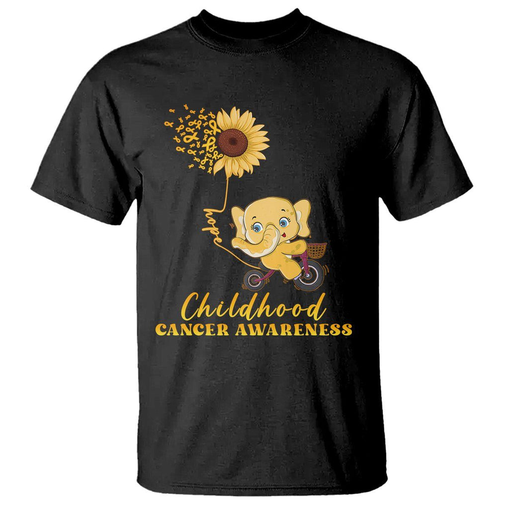 Childhood Cancer Awareness T Shirt Elephant Sunflower Gold Ribbon TS02 Black Printyourwear