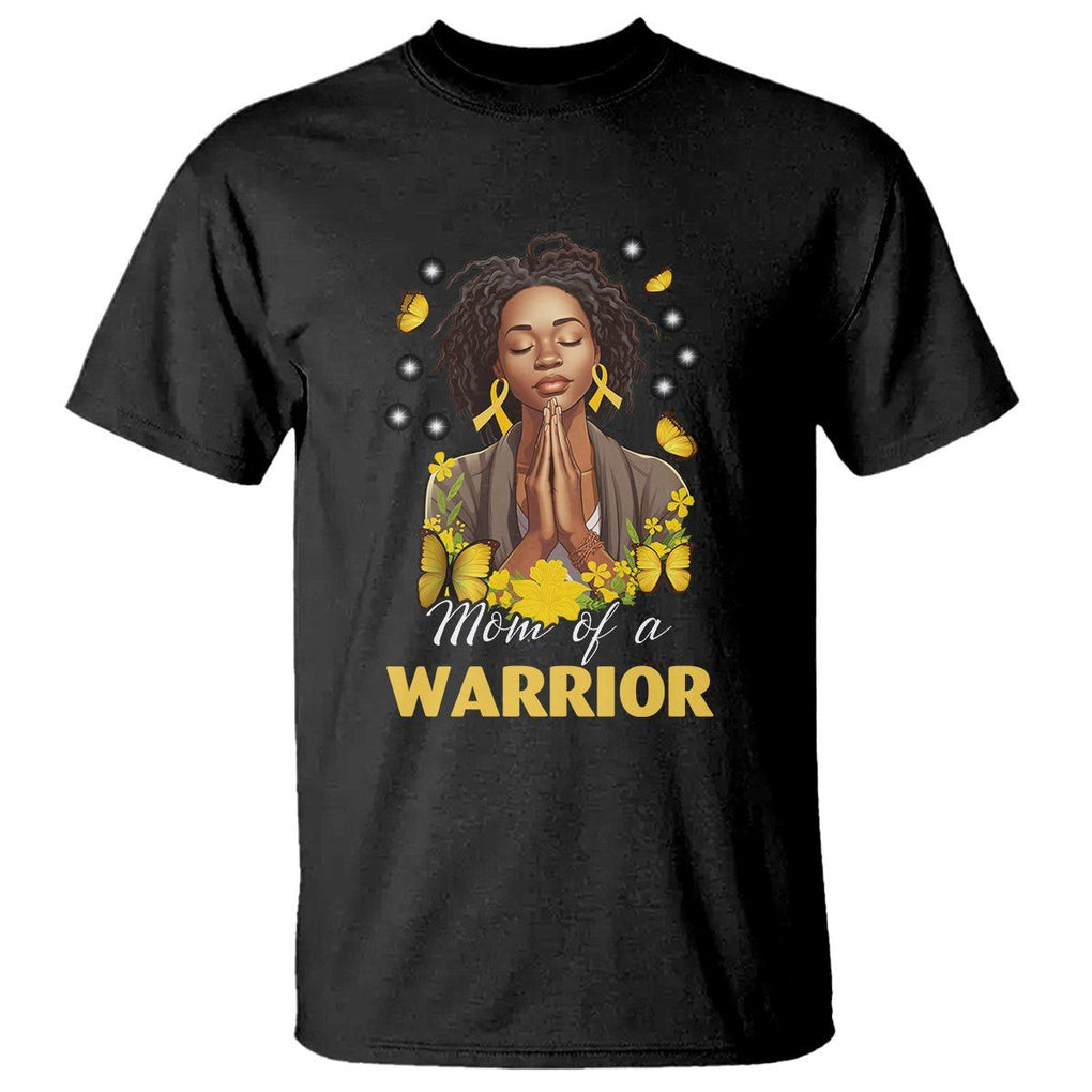 Childhood Cancer Awareness T Shirt Mom Of A Warrior Messy Bun Melanin Gold Ribbon Support Squad TS02 Black Printyourwear