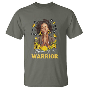 Childhood Cancer Awareness T Shirt Mom Of A Warrior Messy Bun Melanin Gold Ribbon Support Squad TS02 Military Green Printyourwear