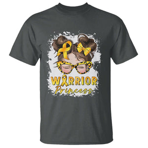 Childhood Cancer Awareness T Shirt Warrior Princess Gold Ribbon Messy Bun Girl TS02 Dark Heather Printyourwear