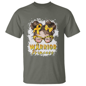 Childhood Cancer Awareness T Shirt Warrior Princess Gold Ribbon Messy Bun Girl TS02 Military Green Printyourwear