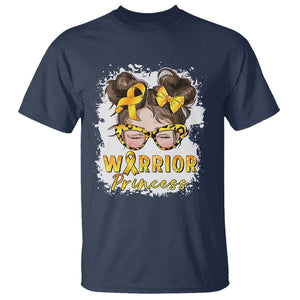 Childhood Cancer Awareness T Shirt Warrior Princess Gold Ribbon Messy Bun Girl TS02 Navy Printyourwear