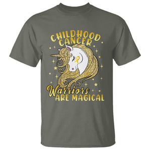 Childhood Cancer Awareness T Shirt Warriors Are Magical Unicorn Gold Ribbon TS02 Military Green Printyourwear