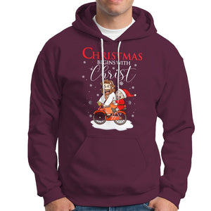 Christmas Begins With Christ Jesus Santa Riding Bicycle Hoodie TS09 Maroon Printyourwear