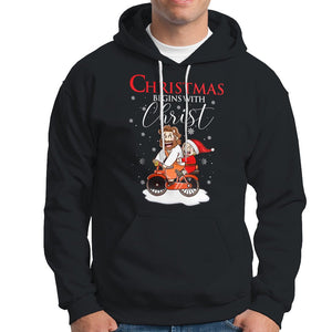 Christmas Begins With Christ Jesus Santa Riding Bicycle Hoodie TS09 Black Printyourwear