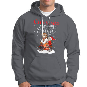 Christmas Begins With Christ Jesus Santa Riding Bicycle Hoodie TS09 Charcoal Printyourwear