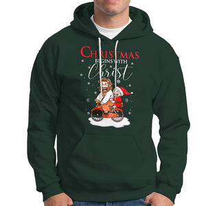 Christmas Begins With Christ Jesus Santa Riding Bicycle Hoodie TS09 Dark Forest Green Printyourwear