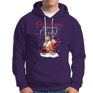 Christmas Begins With Christ Jesus Santa Riding Bicycle Hoodie TS09 Purple Printyourwear