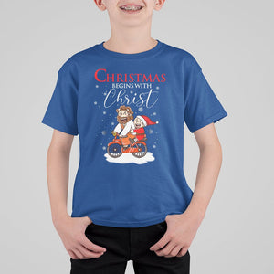 Christmas Begins With Christ Jesus Santa Riding Bicycle T Shirt For Kid TS09 Royal Blue Printyourwear