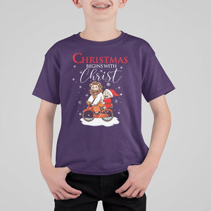 Christmas Begins With Christ Jesus Santa Riding Bicycle T Shirt For Kid TS09 Purple Printyourwear