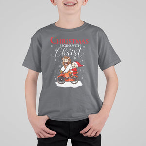 Christmas Begins With Christ Jesus Santa Riding Bicycle T Shirt For Kid TS09 Charcoal Printyourwear