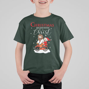 Christmas Begins With Christ Jesus Santa Riding Bicycle T Shirt For Kid TS09 Dark Forest Green Printyourwear