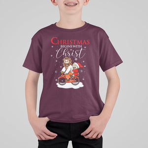 Christmas Begins With Christ Jesus Santa Riding Bicycle T Shirt For Kid TS09 Maroon Printyourwear