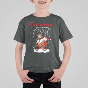 Christmas Begins With Christ Jesus Santa Riding Bicycle T Shirt For Kid TS09 Dark Heather Printyourwear